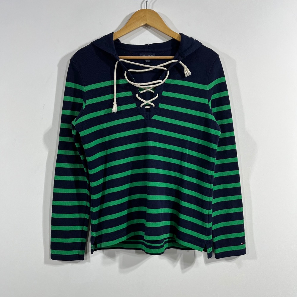 Tommy Hilfiger Fisherman Coastal Striped Lace Up Hoodie Sweater Womens‎ Medium